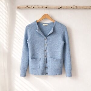 Woolovers Blue Lambswool Cardigan Sweater Button Front Pockets Womens S